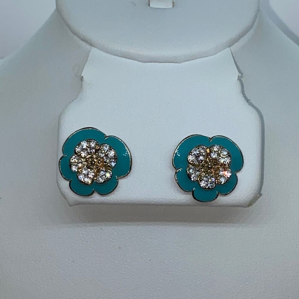 Gold-Tone Blue Clear Rhinestone Flower Stud Earrings